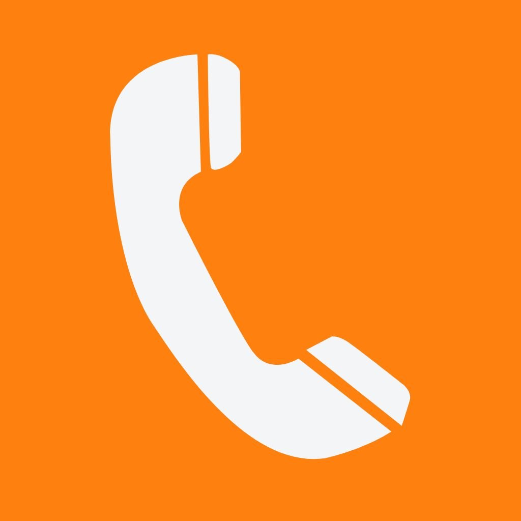 White telephone receiver icon on an orange background.