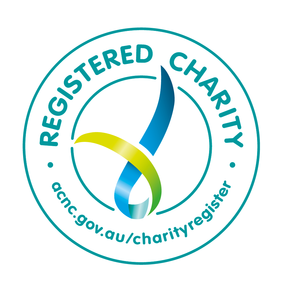 Charity registration badge with a check mark in blue, yellow, and green, and the text 'Registered Charity' and the website 'aocz.gov.au/charityregister'.