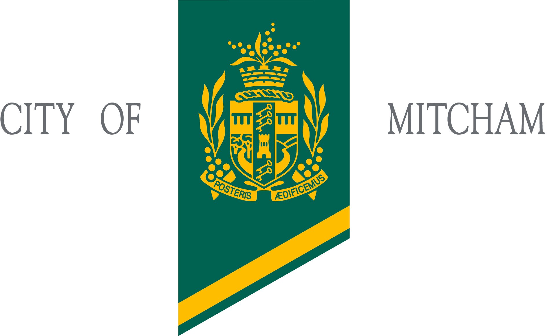 The flag of the City of Mitcham, featuring a green background, a yellow diagonal stripe, and a coat of arms with a crown, shield, and Latin motto, with text on either side reading "CITY OF" and "MITCHAM".
