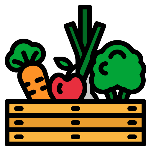 Colorful illustration of a carrot, apple, leek, and broccoli growing in soil.