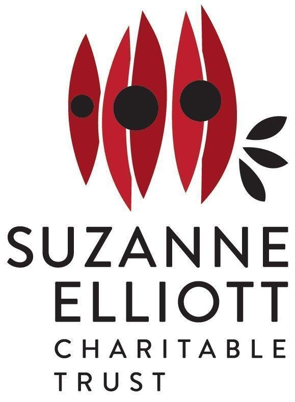 Logo with stylized red and black abstract flames and black leaves at the right. Text reads "Suzanne Elliott Charitable Trust."