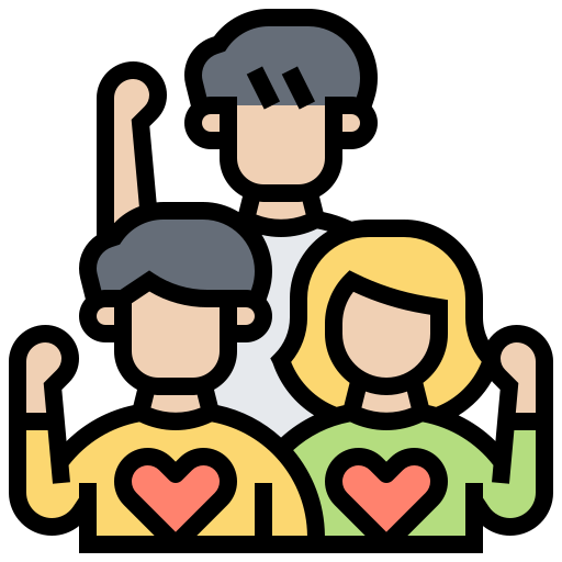 Illustration of three people, two women and one man, displaying solidarity with raised fists, wearing shirts with hearts on them.